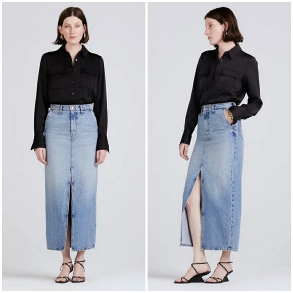 💕DEREK LAM 10 CROSBY Lu High Rise Denim Maxi Skirt Sutton Vintage Blue 28 NWT - Picture 2 of 16